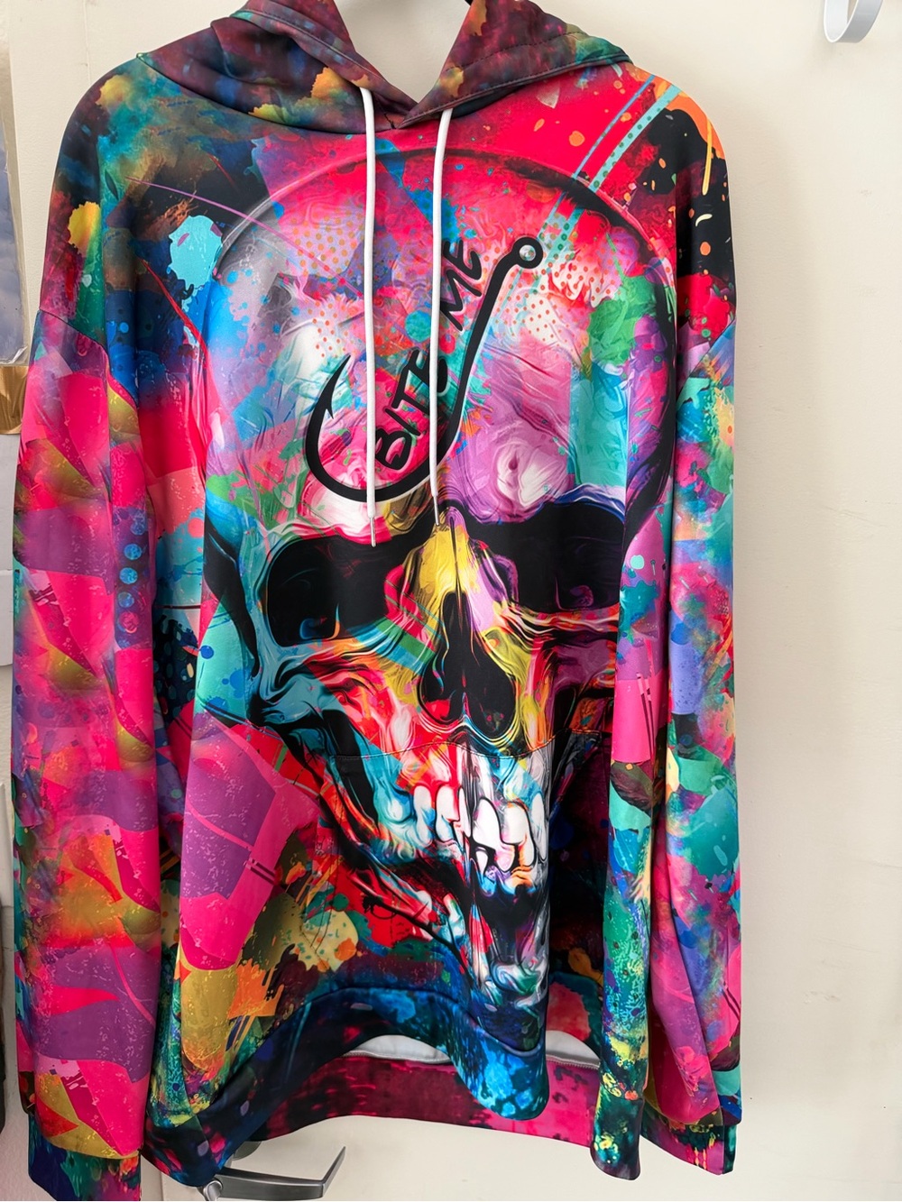Vibrant Multicolor “Bite Me” Skull Graphic Hoodie